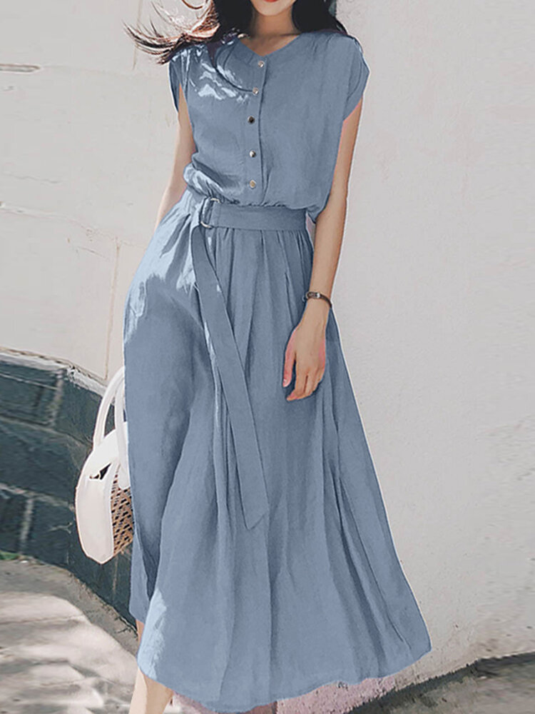 Solid Button Front Dress With Belt For Women