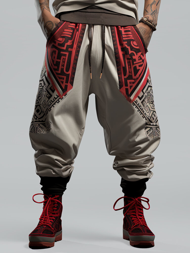 Pantalon ample à taille avec cordon de serrage pour hommes, imprimé tribal ethnique, patchwork