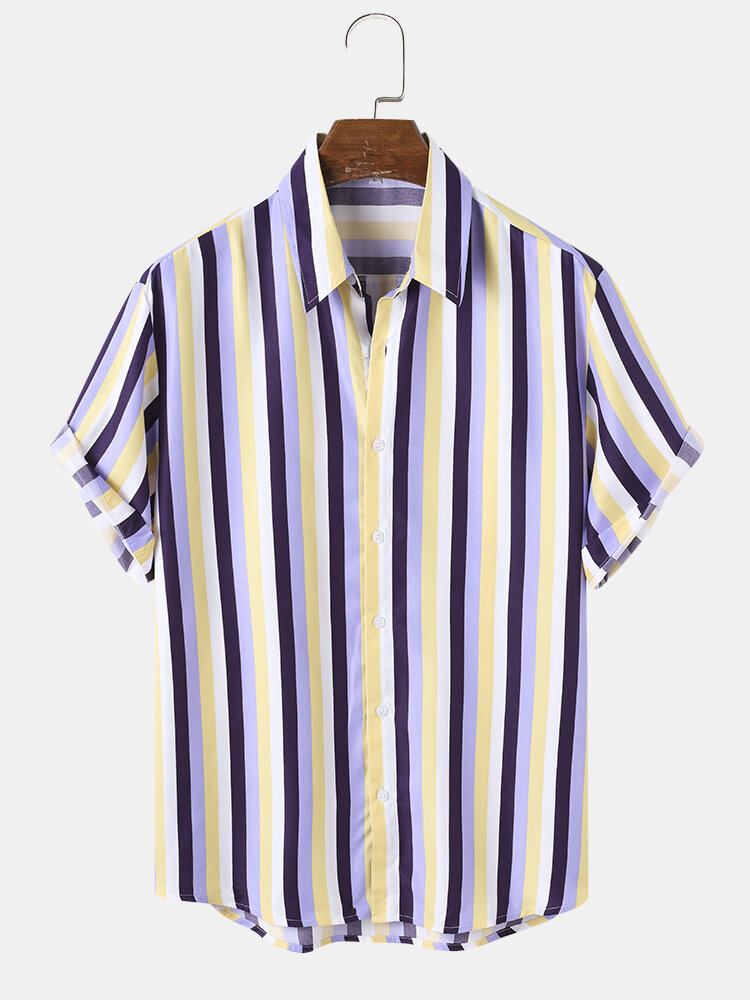 

Mens Colorful Vertical Stripe Button Up Preppy Short Sleeve Shirts, Yellow