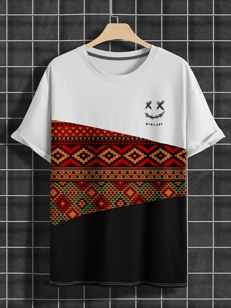 

Mens Ethnic Geometric Smile Print Patchwork Crew Neck Short Sleeve T-Shirts, Black