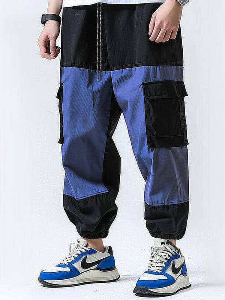 Cintura con cordón y patchwork de bloques de color para hombre Carga Pantalones
