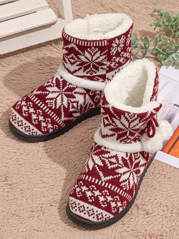 Winter Women Comfy Indoor Warm Cotton Pom-pom Decor Printed Knitted Home Boots