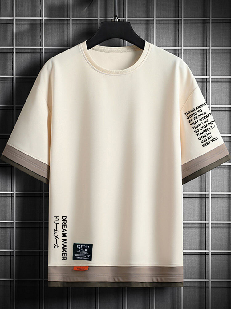 

Mens Letter Print Crew Neck Casual Short Sleeve T-Shirts, Apricot