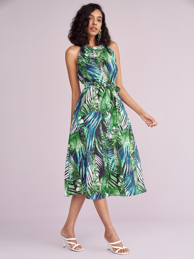 Tropical Leaves Geo Print Sleeveless Midi Dress With Belt