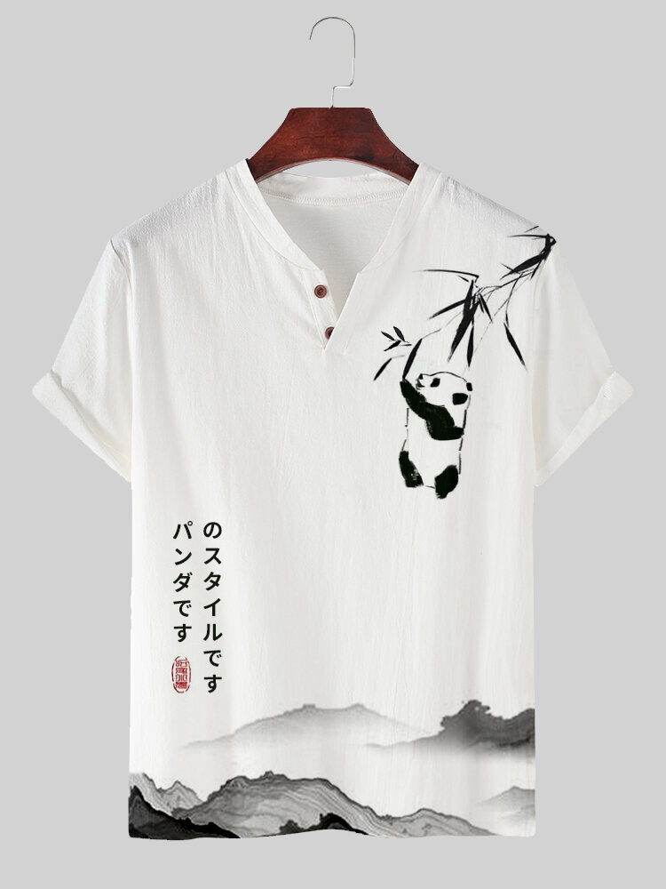 Mens Panda Bamboo Japanese Print Notched Neck Short Sleeve T-Shirts