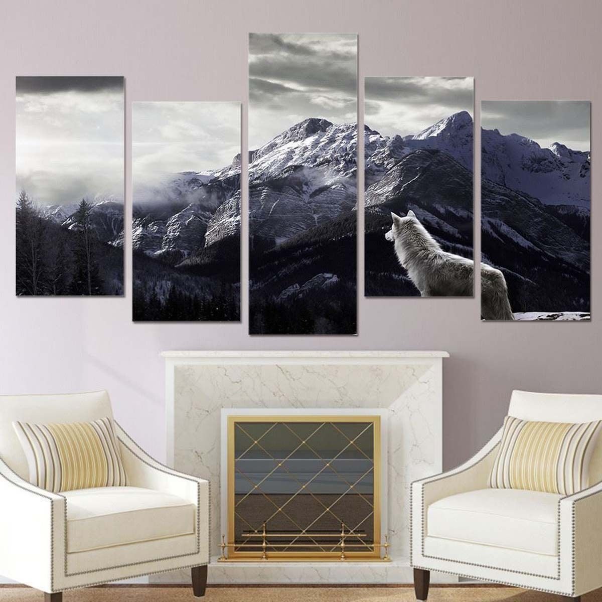 5Pcs Snow Mountain Plateau Wolf Desenhos de tela sem moldura Pintura Wall Art Home Decor