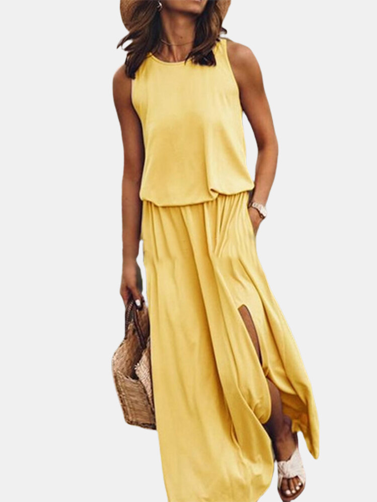 Solid Color Splited Sleeveless Casual Maxi Dress For Women