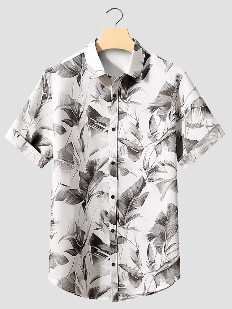 

Mens Tropical Plant Print Lapel Hawaiian Vacation Short Sleeve Shirts, White