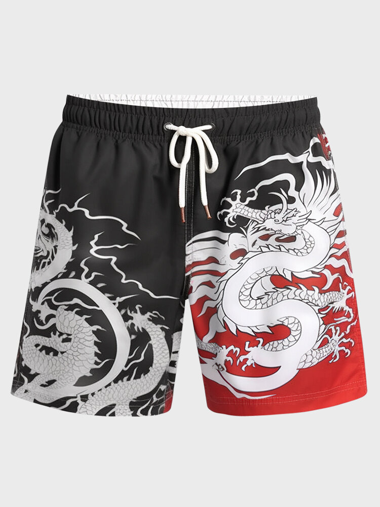 

Mens Chinese Dragon Print Drawstring Waist Shorts With Pocket, Black