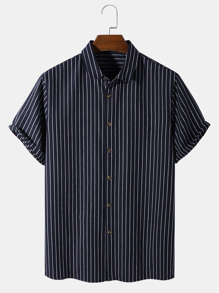 Designer Mens Pinstripe Button Up Plain Casual Short Sleeve Shirts