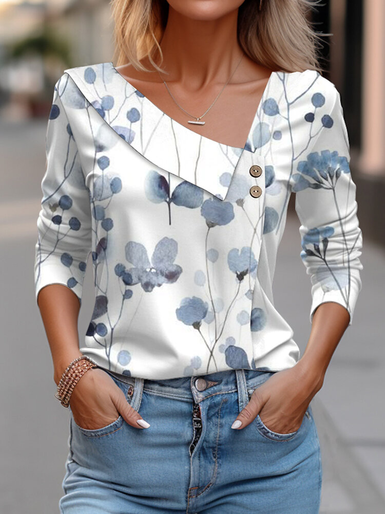 Damen-Bluse mit Aquarell-Blumendruck, unregelmäßigem Ausschnitt, Knopfdetail