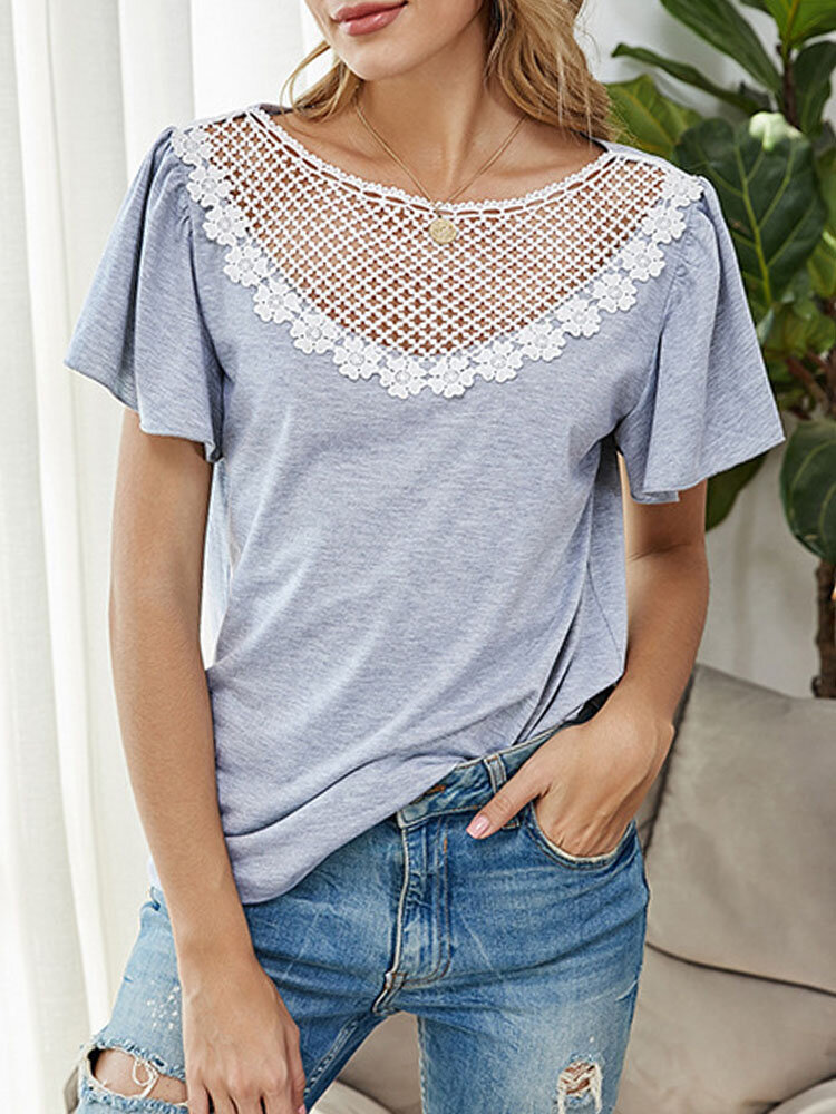 Lace Patchwork Short Sleeve O-neck Casual T-Shirt For Women