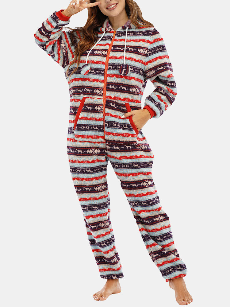 

Plus Size Women Christmas Elk Print Colorful Striped Home Hooded Onesies, Blue