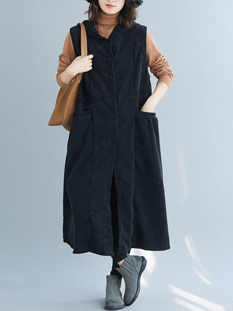 Corduroy Sleeveless Patchwork Vintage Hooded Plus Size Coat