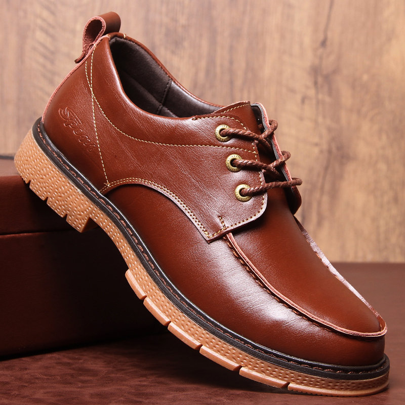 Men Pure Color Leather Non Slip Stitching Soft Sole Shoes 