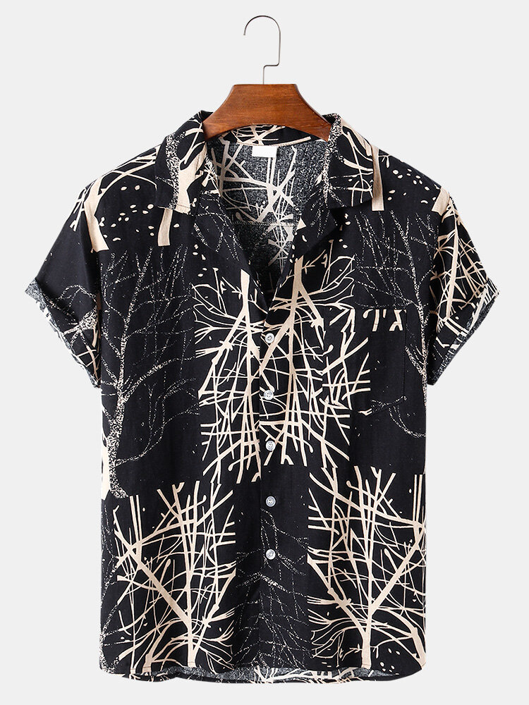 Mens Cotton Abstract Tree Print Loose Light Chest Pocket Short Sleeve Shirts