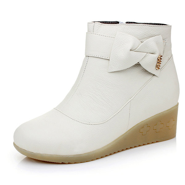 Bowknot Wedges Leather White Boots