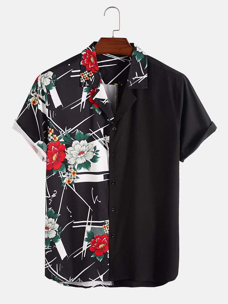 Mens Floral Print Patchwork Camp Collar Holiday Short Sleeve Shirts