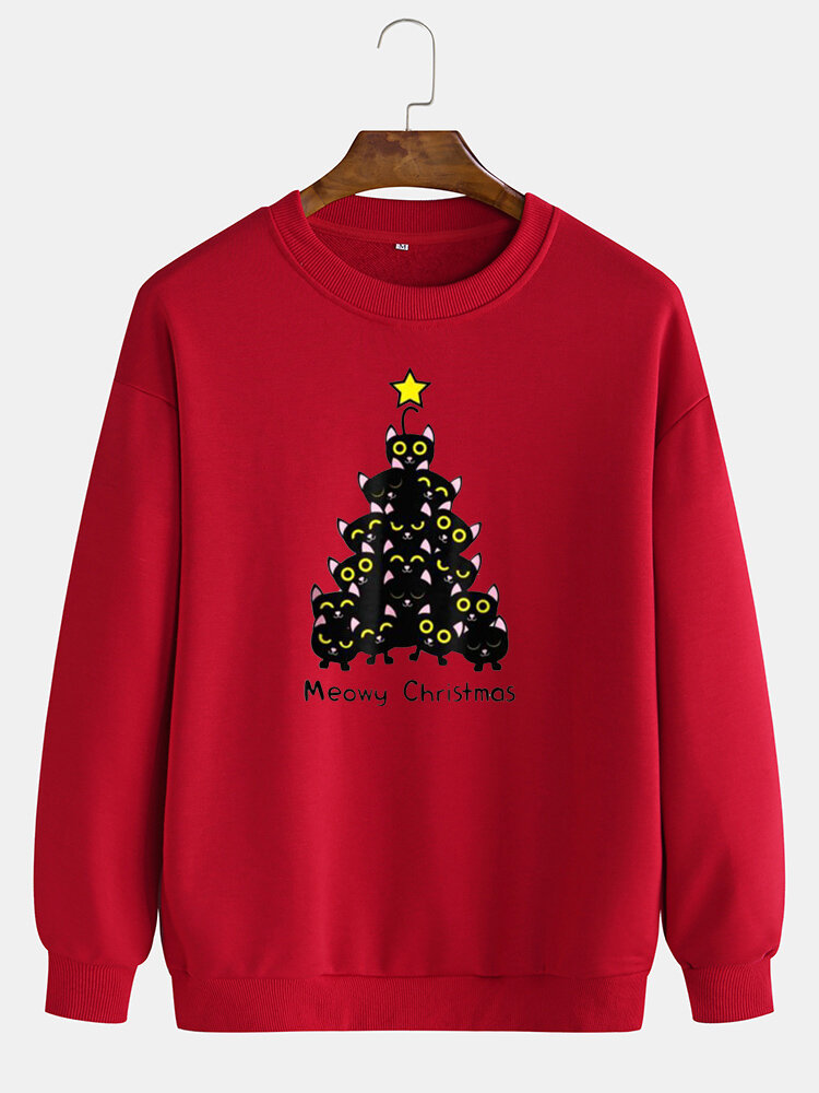 Mens Cat Christmas Tree Print Crew Neck Pullover Drop Shoulder Sweatshirts