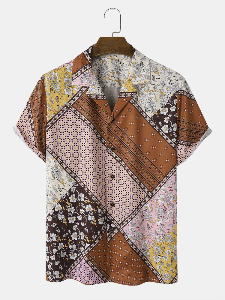 Mens Floral Geometric Color Block Print Revere Collar Short Sleeve Shirts