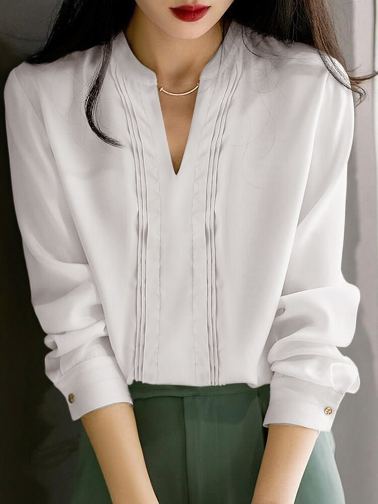 Solid Pleated Long Sleeve Blouse For Women