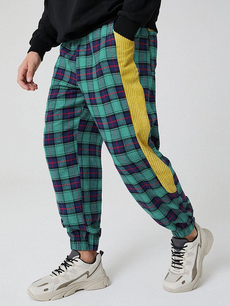 Mens 100% Cotton Check Side Patchwork Casual Drawstring Jogger Pants