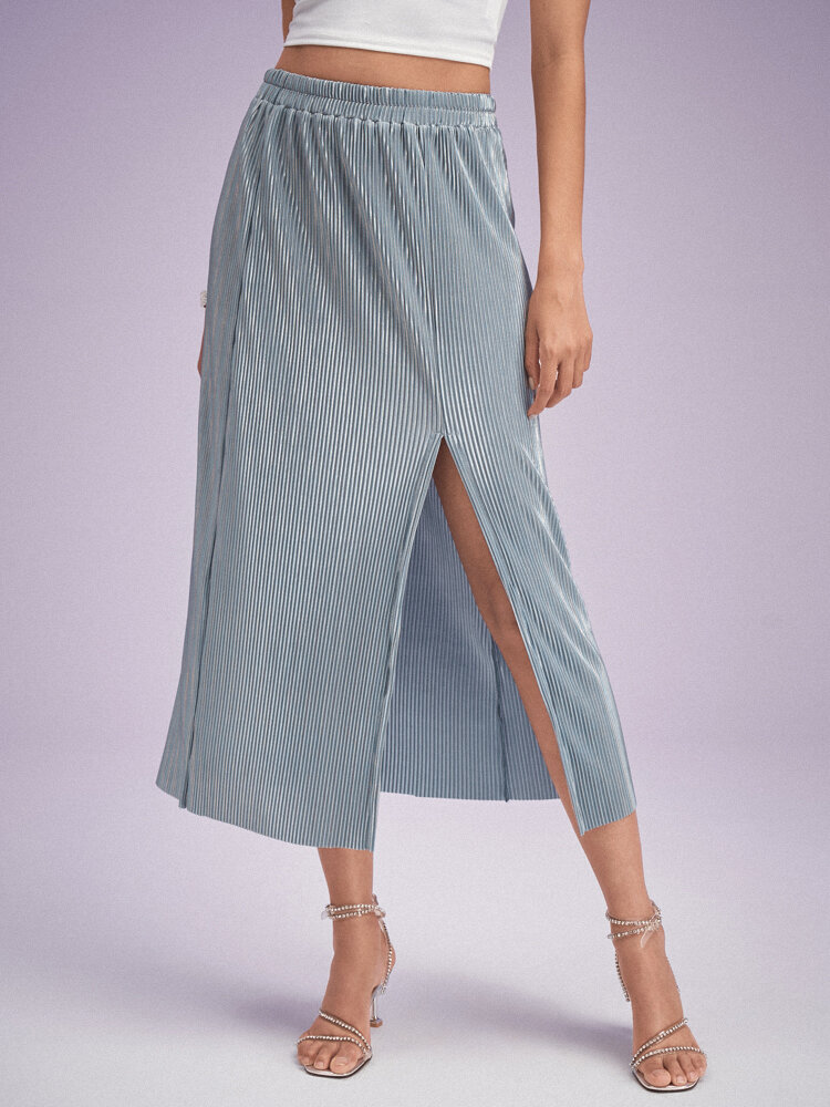 Textured Solid Slit Hem Elastic Waist Skirt For Women