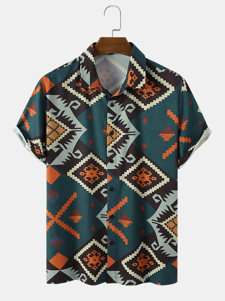 Mens Vintage Argyle Geometric Print Lapel Short Sleeve Shirts