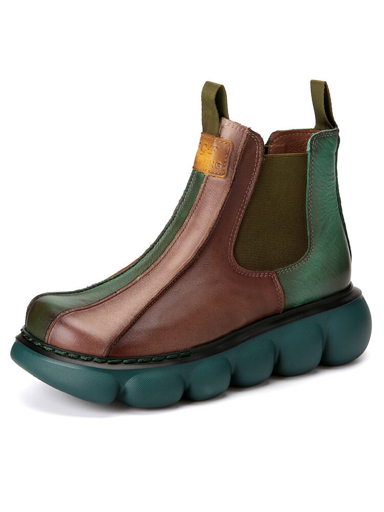 Socofy Casual Color Block Leather Elastic Slip-On Warm Lining Soft Comfy Platform Chelsea Boots