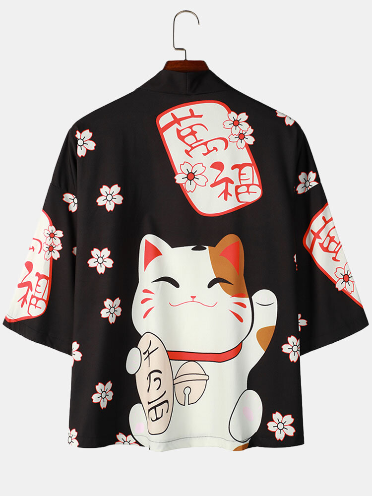 Mens Lucky Cat Floral Print Open Front Japanese Style Loose Kimono