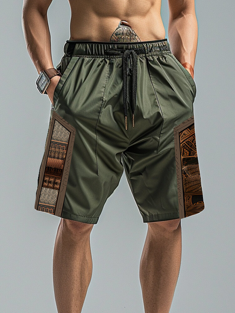 Shorts masculinos étnicos Padrão patchwork solto com cordão na cintura