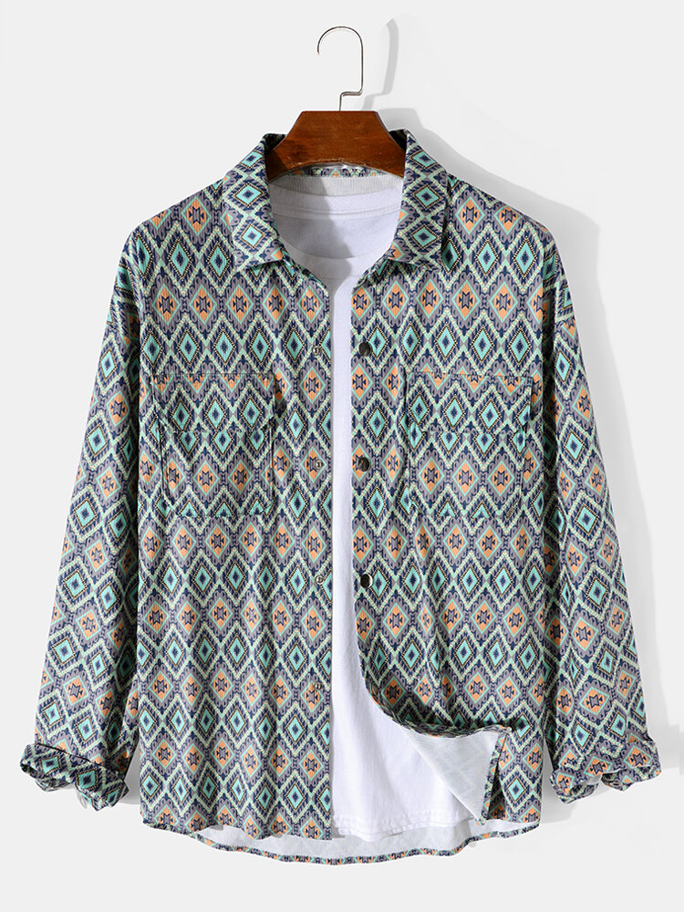 

Mens Vintage Argyle Pattern Flap Pocket Corduroy Long Sleeve Shirts, Green