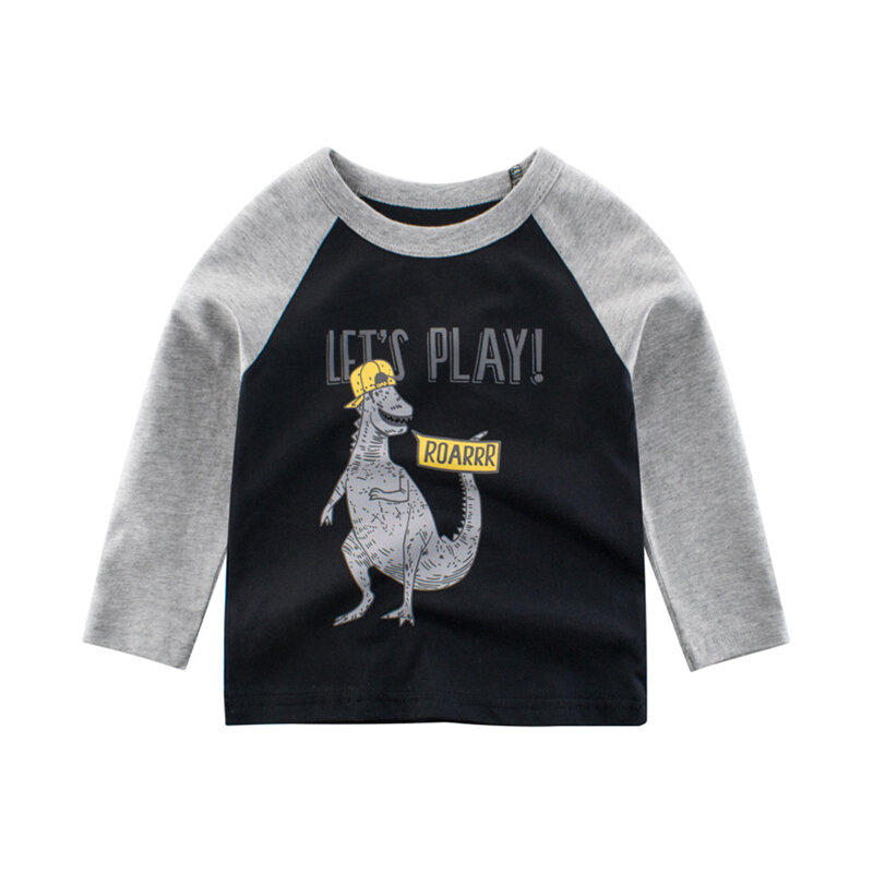 

Boy's Dinosaur Print Long Sleeves Patchwork Casual T-shirt For 2-10Y, Black