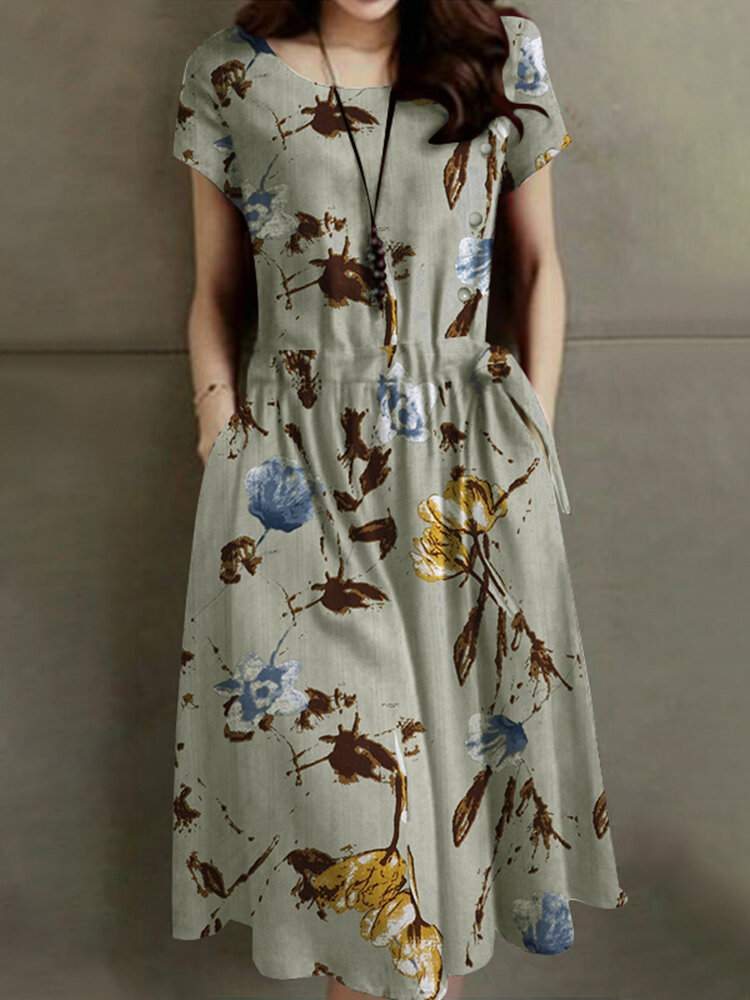 Flower Print Pocket Drawstring Short Sleeve Midi Dress