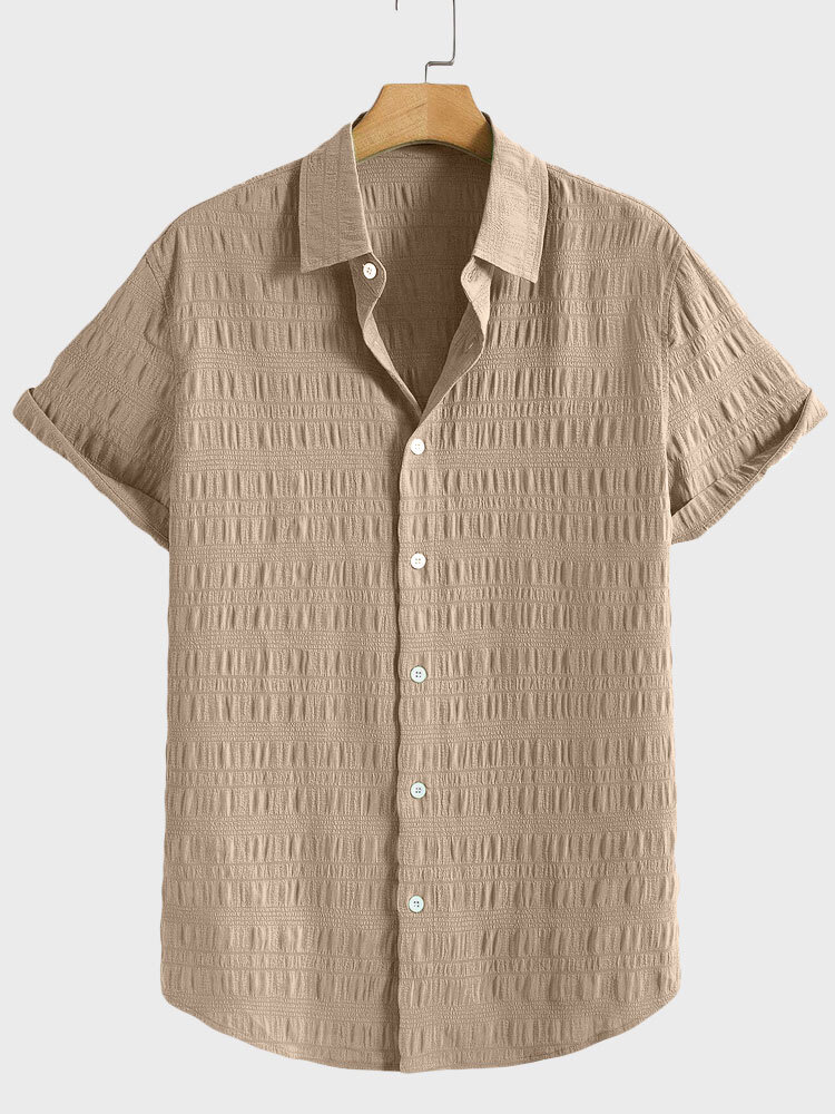 

Mens Solid Textured Lapel Collar Short Sleeve Shirts, Khaki