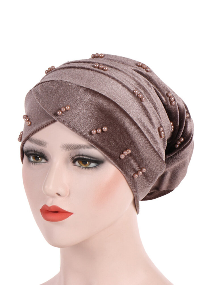 Womens Breathable Comfortable Pearl Velvet Hat Casual Elastic Beanie Hats Muslim Pile Heap Cap
