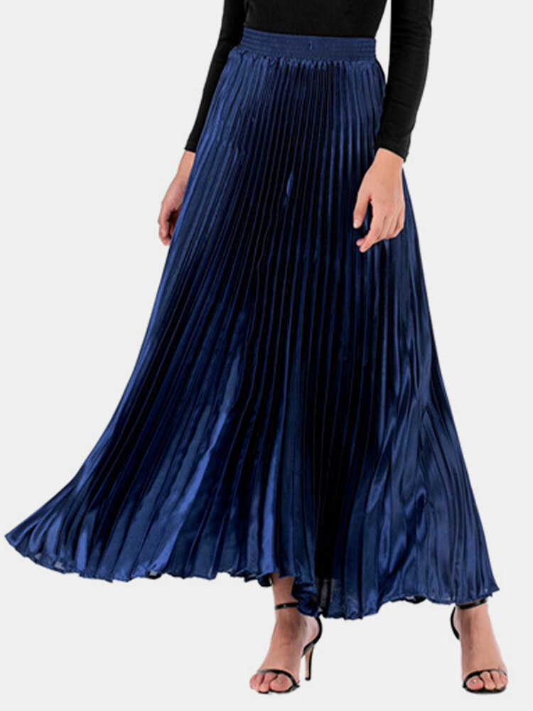 Solid Color Elastic Waist Long Pleated Skirt For Women