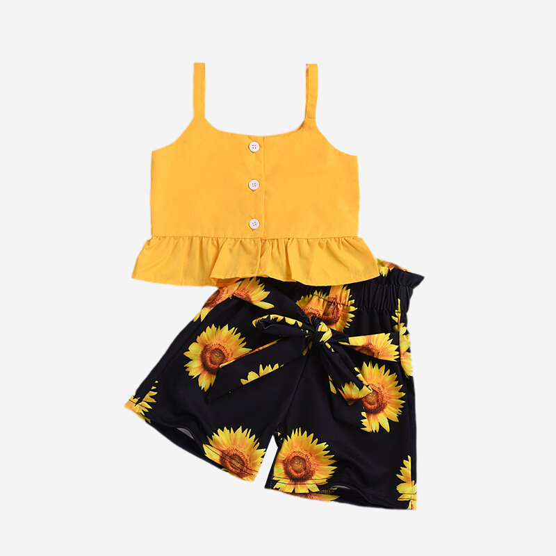 

Girl's Sunflower Print Shorts+Ruffled Vest Casual Clothing Set For 1-7Y, Yellow