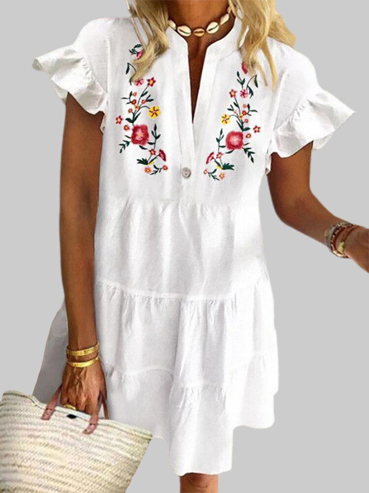 

Flower Print Flouncing Short Sleever Loose Casual Dress For Women, White
