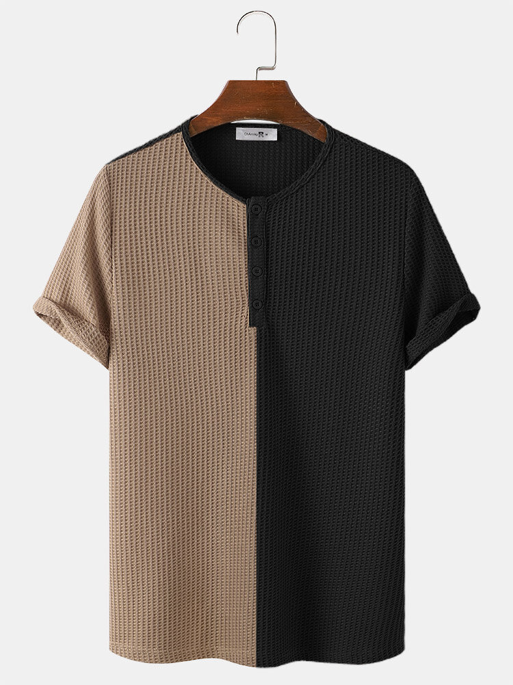 Mens Two Tone Stitching Knitted Button Short Sleeve T-Shirt
