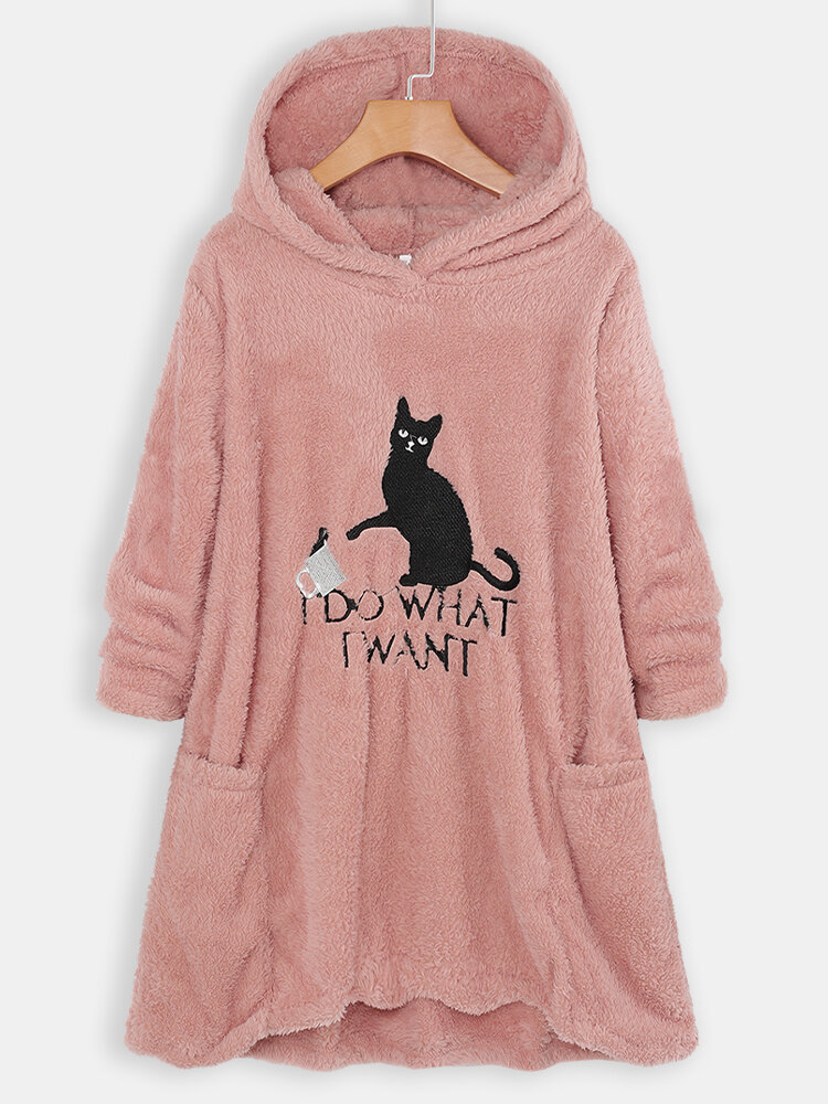 Casual Pockets Embroidered Cat Fleece Hoodies