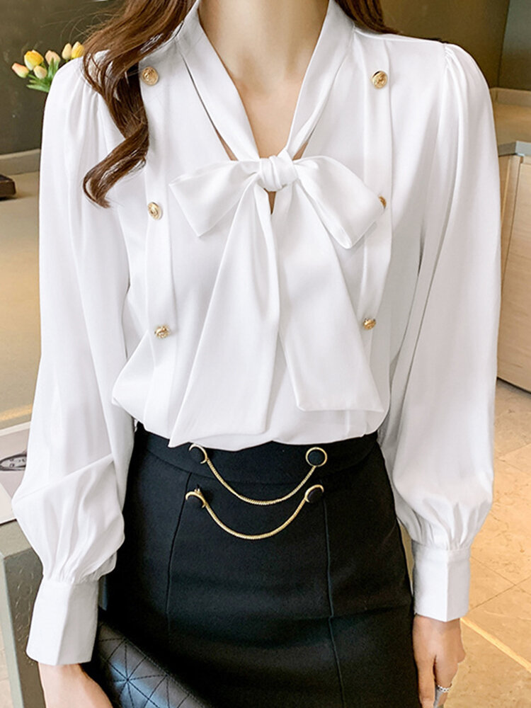 Solid Tie Neck Long Sleeve Blouse For Women