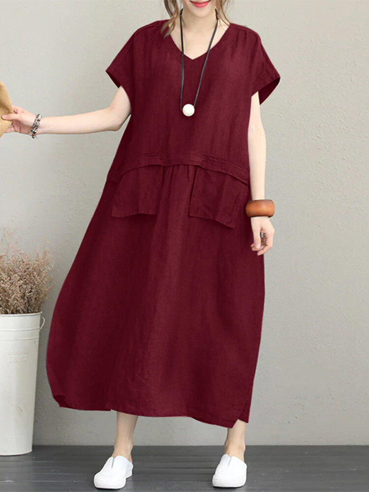 Women Solid Short Sleeve Pocket V-neck Vintage Dress