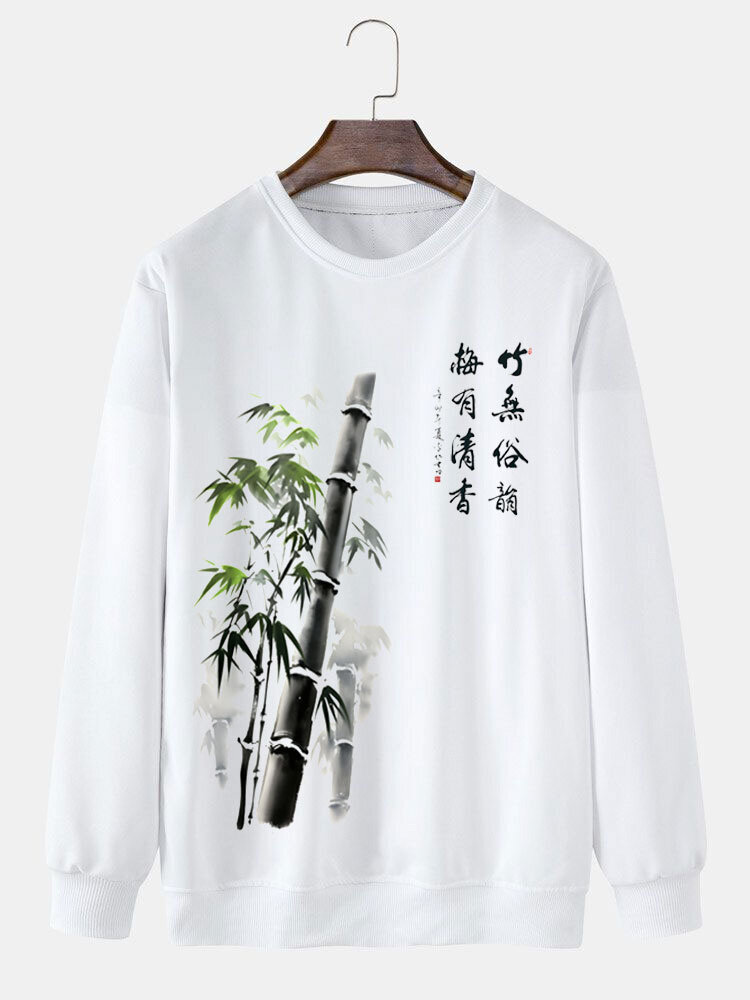 ChArmkpR Mens Chinese Bamboo Print Crew Neck Pullover Sweatshirts Winter