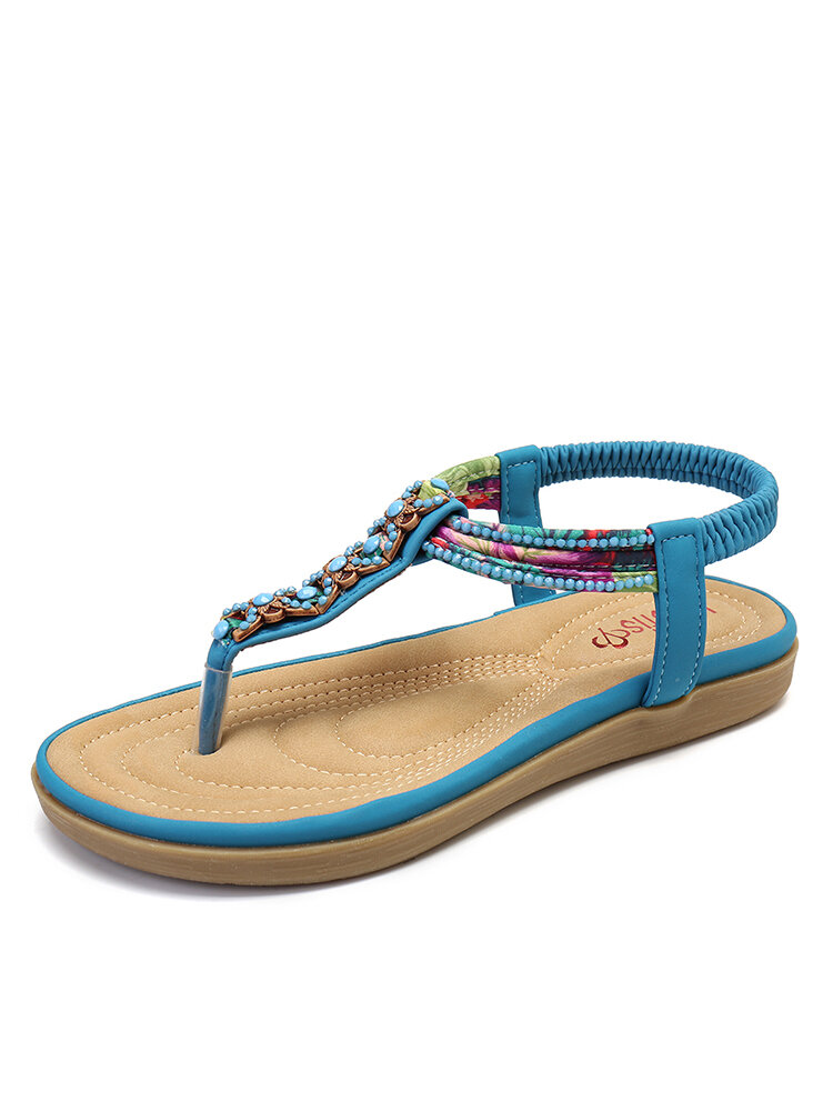 LOSTISY Beaded Decor Comfy Clip Toe Beach Elastic Flat Sandals