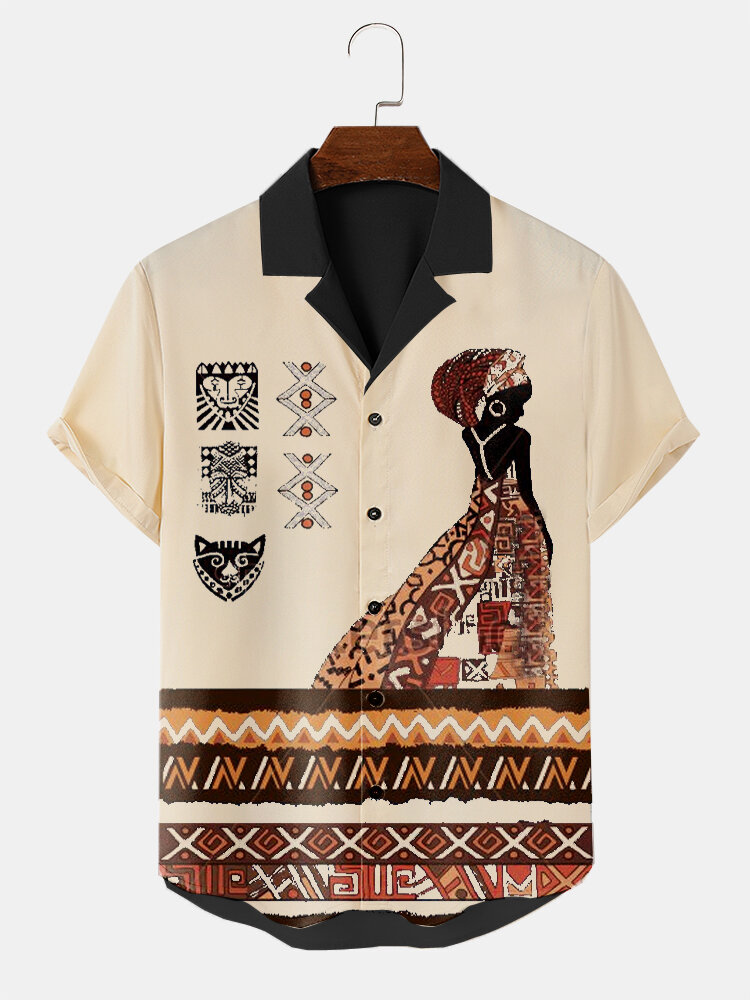 Camisas masculinas étnicas de desenho animado com botão de patchwork e gola Revere