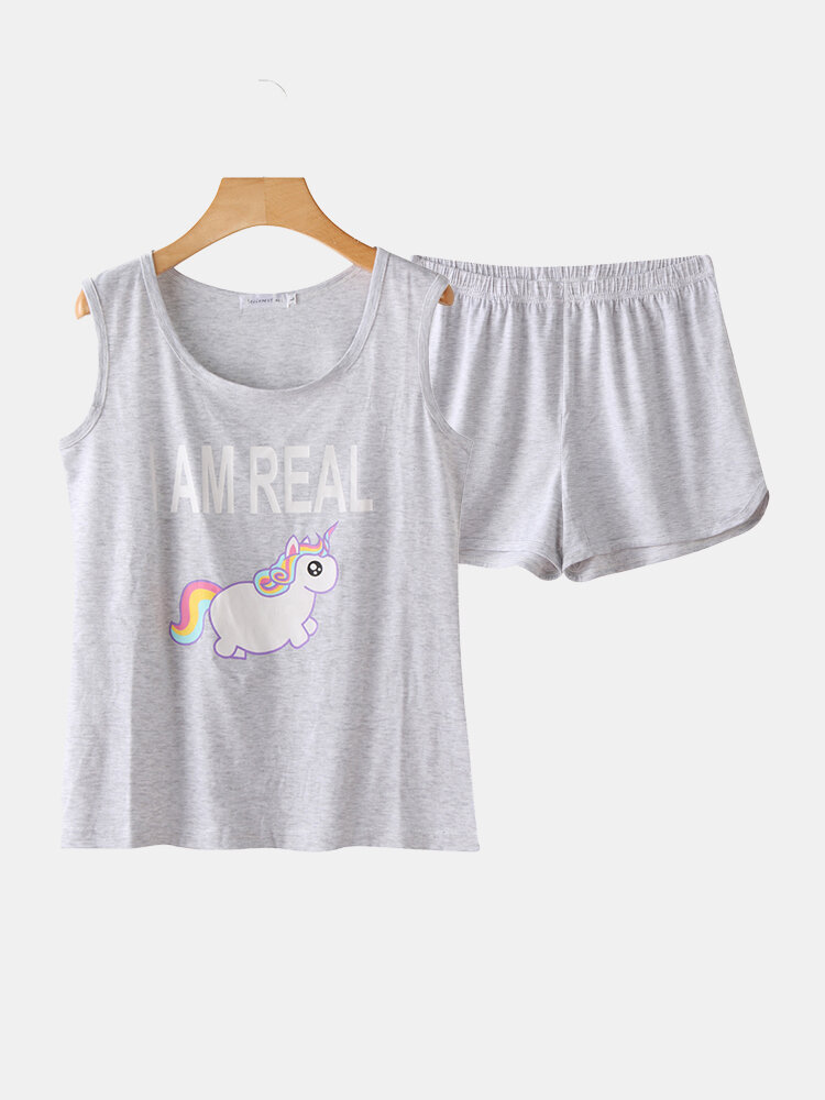 

Women Cotton Pajamas Short Set Unicorn Cartoon Print Vest Top Sleepwear For Summer, Grey