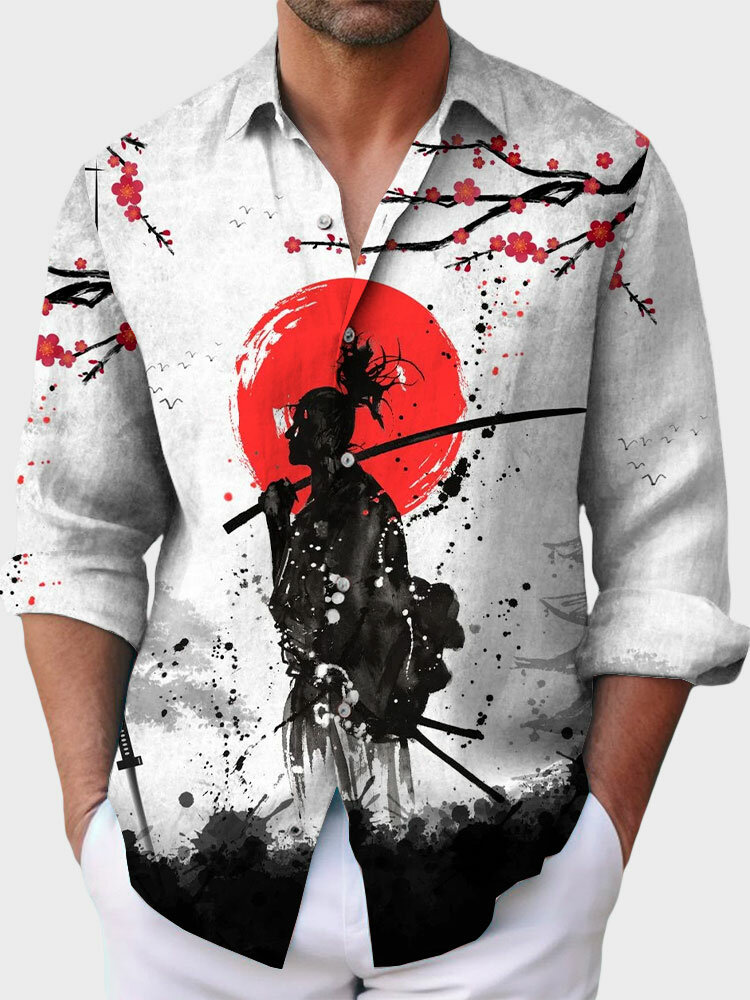 Mens Japanese Ninja Ink Splash Print Lapel Long Sleeve Shirts Winter