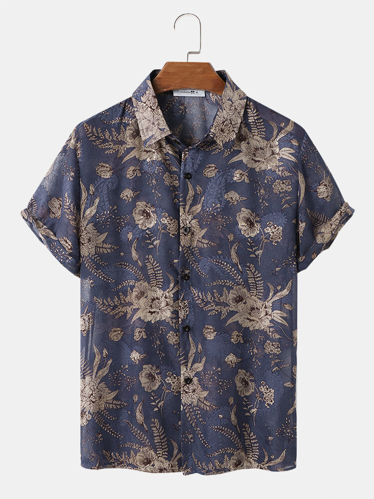 Mens Floral Pattern Button Up Holiday Short Sleeve Shirts