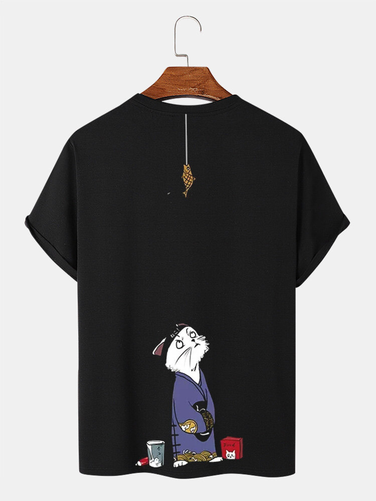 T-shirt à manches courtes et col rond pour homme, imprimé chat et poisson japonais, hiver
